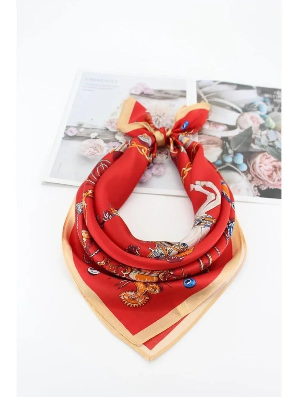 Women's Horse Red Mulberry Square Scarf for Hair Digital Printed Headscarf Silk